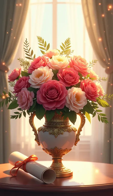 
"A realistic depiction of a beautiful vase filled with vibrant and elegant flowers. Sparkling, shimmering effects surround the vase, adding a magical touch. Nearby, there is a window with softly draped curtains, creating a cozy and serene atmosphere. Besi...