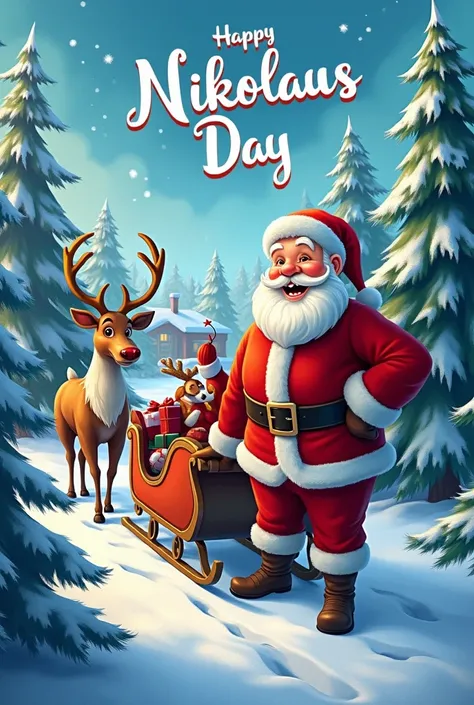  Create a picture for me with a happy Santa Claus, a sled ,  a reindeer ,  Christmas trees and snow with the text . Happy Nikolaus Day.