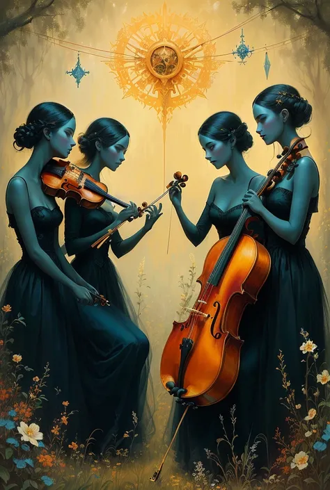 painting of three women playing violin and violin in a field, adrian borda, triad of muses, andrews esao artstyle, art tom bagshaw, anna dittman, artstyle tom bagshaw, esao andrews : : ornate, masked female violinists, tom bagshaw artstyle, beautiful artwo...