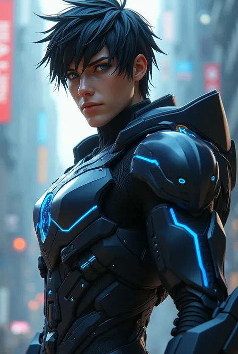 A video game hero with a super suit, black hair and blue eyes in 4K man