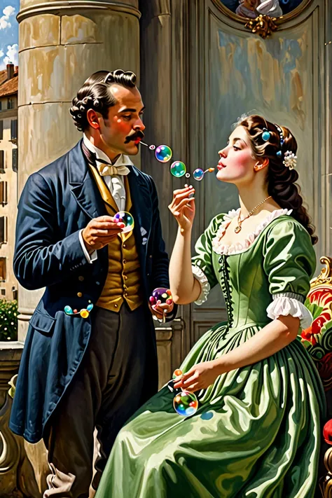  Classic period woman blowing soap bubbles in front of a man from the Clacic era, both happy,  in the image you can see them in profile facing each other in front of each other , classic painting style image  