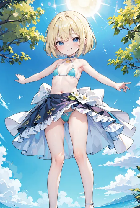  （Blonde Bob Hair、blue eyed mature woman）、Emerald green bikini ,  stockings ,  bangs between eyes , bangs,  Very Small Breasts ,   blush, Grin, （ standing）、Full body composition、 wet、The background is a lake、Short Hair、 Round Eyes（Raise your arms and see y...