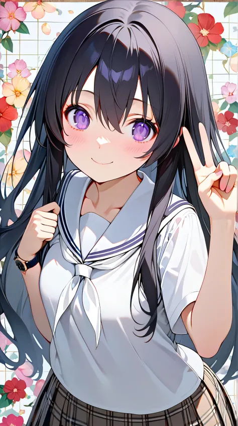 top quality, Great Quality , high image quality, absurd, 1 girl , Alone, black hair, purple eyes, hair between eyes , long hair, white sailor color , plaid pattern skirt , school uniform, Seraph, white neckerchief , standing, v, upper body...