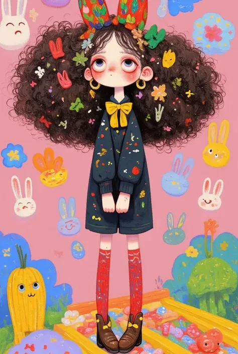 Cartoon cool mean lady  with big curls standing in a room , Broccoli Hair ,  cute detailed digital art ,  colorful illustration , Lovely art style, 可爱的数字艺术, Cute illustrations,  可爱的细节艺术品 , Colorfull illustration,  art on artstation ,  a beautiful art illus...