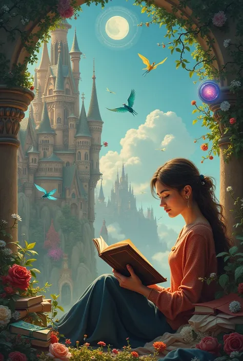  A  reading a book and the background is full of buildings, magical creatures and ideas 