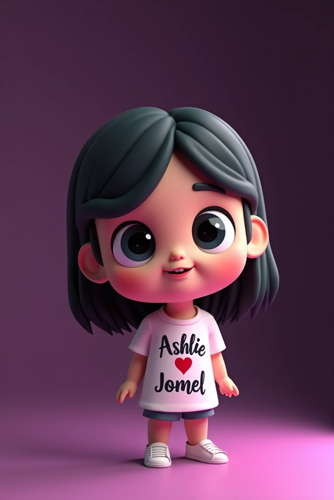 A 3d chibi girl black hair with tshirts says"ashlie love jomel" purple black background 