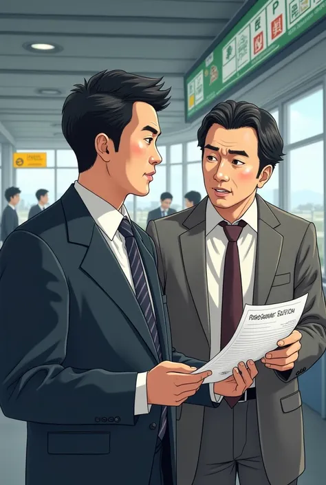 A middle-aged Japanese salesman consulting with a shuttle driver while looking at the schedule