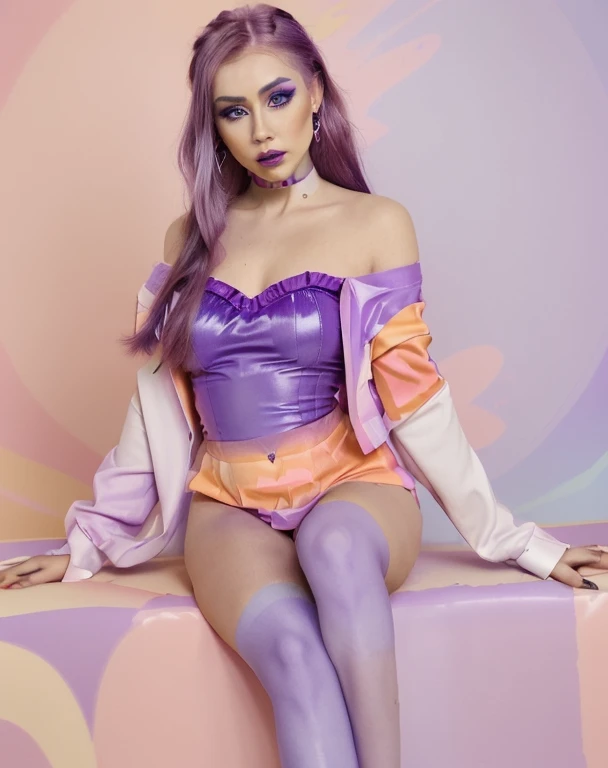 a woman with purple hair and bright makeup wearing a purple dress, rich vivid pastel colors, pop makeup style, vibrant pastel colors, bold pastel colors, pop art look, pop and vibrant colors, purple hue, purple makeup, high colored texture, violet color, r...