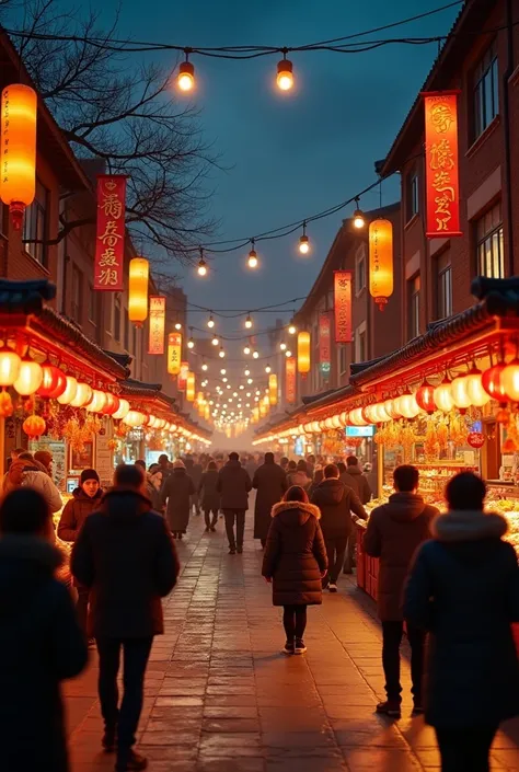 Spring Festival night，On the street of an ancient city ， and there are small intangible heritage vendors on both sides ，, there are crowds surrounding the stalls ， {x} with six singers of various nationalities coming out of the middle of the street to sing...