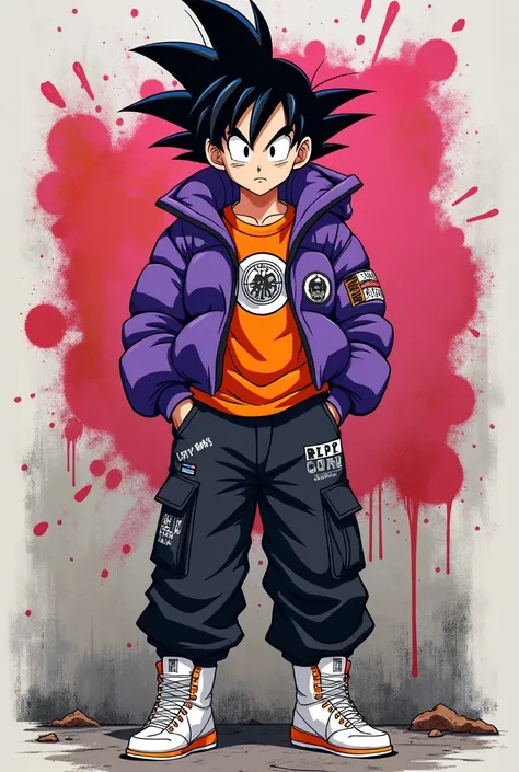 Design Gohan from Dragon Ball in a modern, urban streetwear style. Retain his spiky black hair, adding a subtle blue highlight for a contemporary twist. Dress him in a purple puffer jacket with a circular logo, layered over a vibrant orange graphic T-shirt...