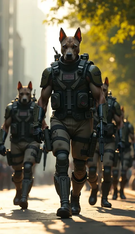 A squad of humanoid pitbulls equipped with modern
tactical gear, marching through dense, sunny areas in the city.