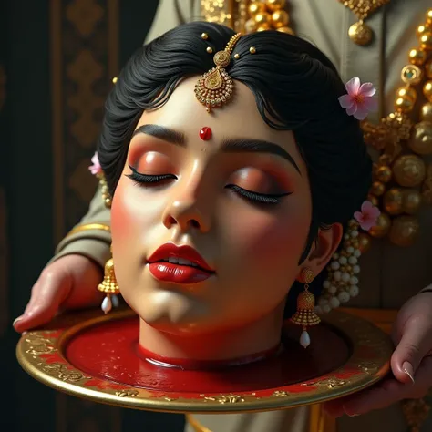 Create a hyper-realistic image of a Cleanly decapitated severed bloody head of a Chubby Woman, resting on a platter holding by soldier. The Chubby Womans features are serene and graceful, with soft, glowing golden-brown skin. Her eyes are closed in peacefu...