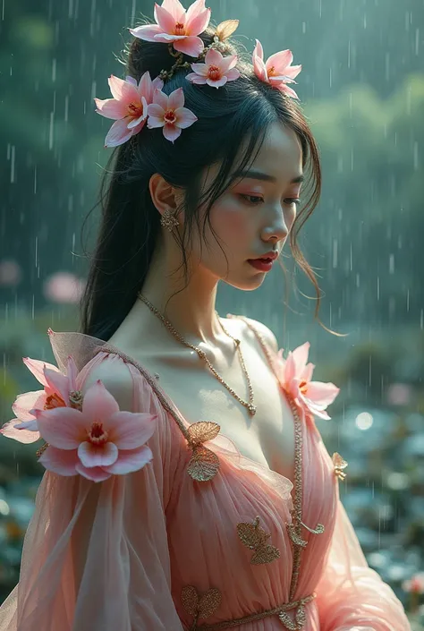 Divine fairys anger, gorgeous Korean beauty wearing living dress of lotus flowers and orchids. Rain transforms petals into magical armor. Her expression shows otherworldly rage. Temple of love creates perfect mystical backdrop. Natural storm lighting highl...