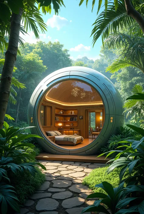  Science-Fiction ;  Concept art of a small welcoming secret refuge hidden in a humid jungle; The architecture of the little secret refuge is very futuristic ;  the interior of the refuge looks cozy and warm ;  although it is small in size ,  it has a pleas...