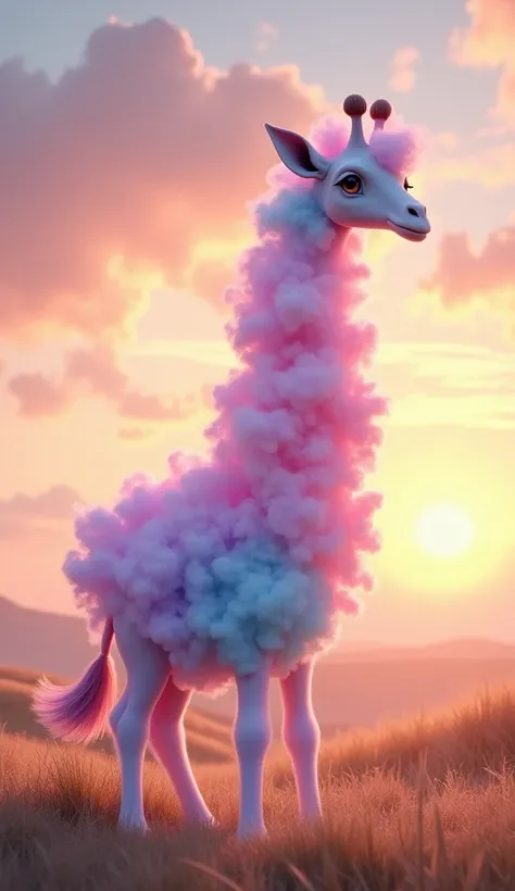 This image showcases a whimsical and striking hybrid creature, where the elegant body of a giraffe is made entirely from fluffy, pastel-colored cotton candy. The long neck, towering legs, and body are formed from billowing, soft swirls of pink, blue, and l...