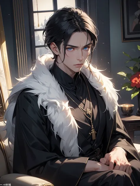  handsome and cool adult male character 。His hair is short, black, 、 subtly shimmers in shining light 、 x } It gives it a cool and impressive appearance 。 his face is mature and determined 、 his nose is straight and his jaw line is angular 、 has sharp and ...