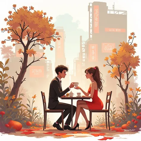 Couple on tea date beutiful natural cyberpunk background 