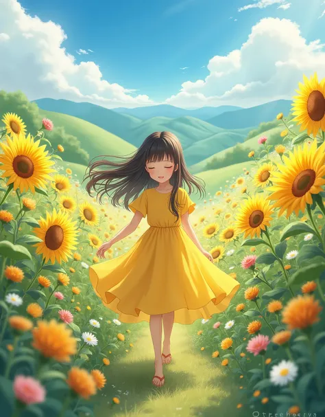 a girl in a yellow dress walking through a field of flowers, girl standing in flower field, girl walking in flower field, girl standing in a flower field, portrait of girl in flower field, pinterest anime, girl in a flower field, standing in flower field, ...