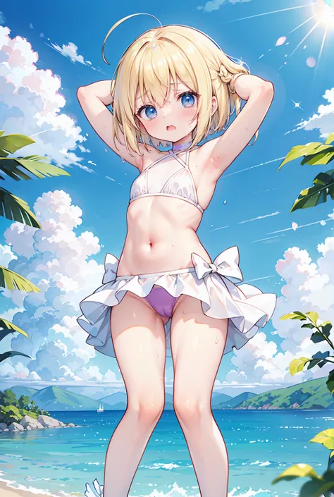  （Blonde Bob Hair、blue eyed mature woman）、 Pink Bikinis  ,  white stockings ,  bangs between eyes , bangs,  medium chest ,   blush,  （Crouch down）、Full body composition、 wet、The background is a lake、Short Hair、 Round Eyes（Raise your arms and see your armpi...