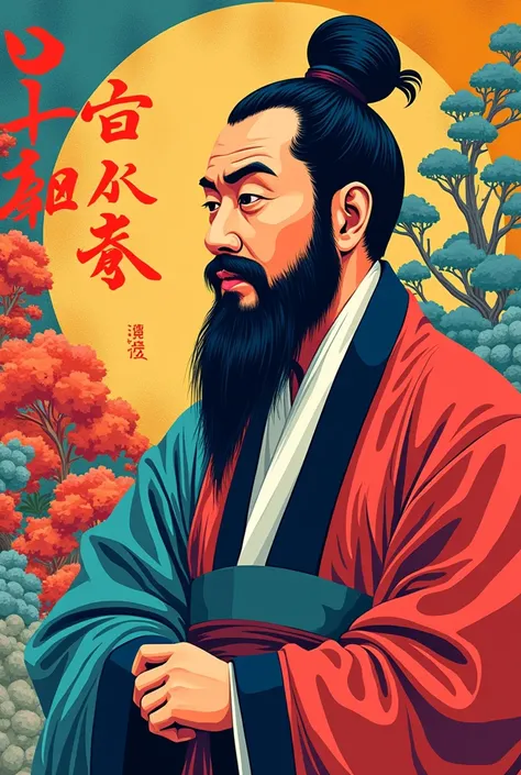 A vibrant pop art style illustration of Confucius, the renowned philosopher and thinker, paired with his famous quote, Those who work hard speak of hope; those who are lazy speak of complaints. The artwork features bold, colorful geometric patterns in the ...