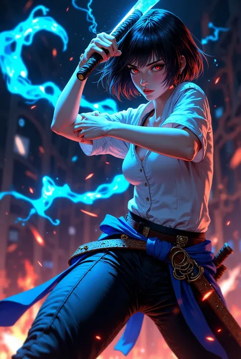 mythp0rt, A woman in black pants and a white top wields a glowing blue katana. Her short black hair partially obscures her intense, red-eyed gaze. Sparks and embers fly around her in the dimly lit, blurred background. Anime style, high contrast, and satura...