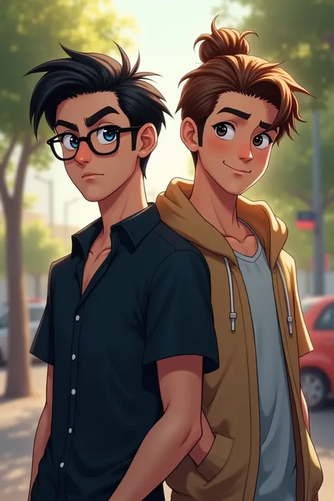 Two manly male best friends stand side by side, showcasing their distinct personalities. The first, with short dark hair and blue eyes with glasses, exudes confidence, sporting a frown and a stylish outfit in a dark shirt that reflects his bold demeanor. N...