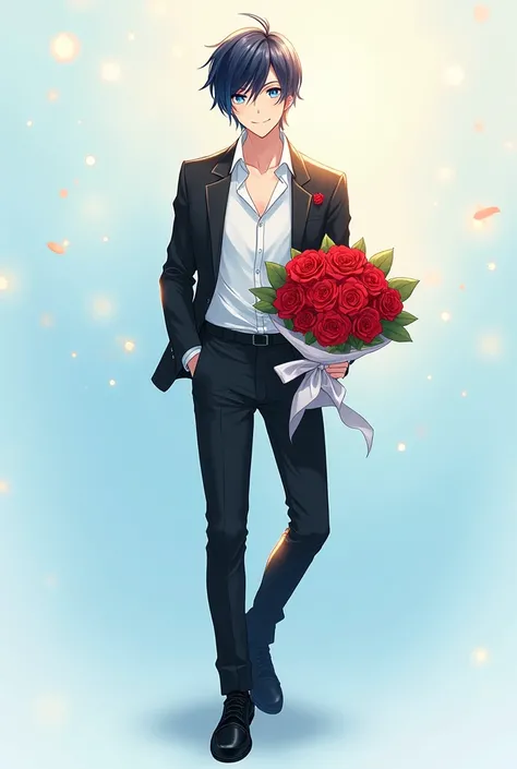 Inosuke adult male anime smiling blue eyes black hair blue tips ,  formal black pants formal white shirt formal black jacket black shoes with a bouquet of red roses light blue background gold lights full body anime style 