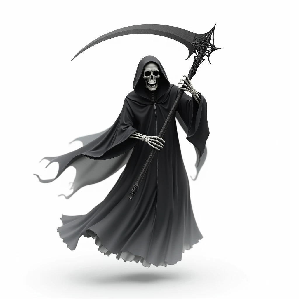 grim Reaper、 Floating in the Air 、is swinging a large sickle down、 has a white background