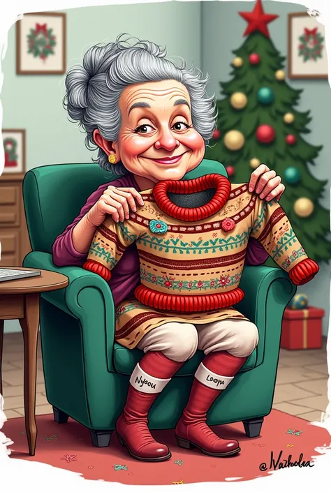 Caricature art style, old woman (dress, grey hair updo) sitting in chair, holding up a second sweater (not being worn, long sleeves, stripes, ugly designs, pompoms), Christmas decorations. stockings with names Nyota Rennu and Lopori, colored, line art