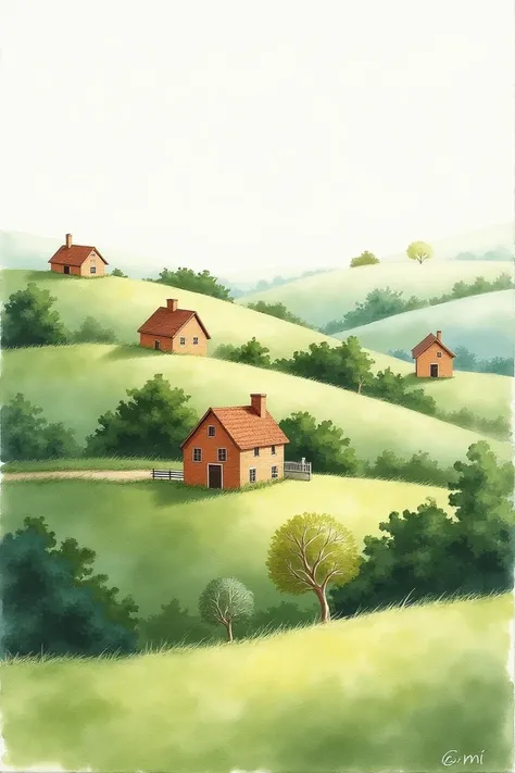 Watercolor of brick houses in the distance on the hills with trees 
