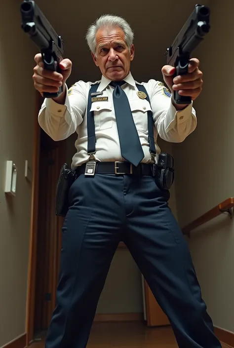 High quality, dynamic, police chief, lying shot between the eyes, mouth slightly open, 65 years old, Harrison Ford, stylish, slender, toned body, white shirt and tie, navy blue leggings, suspenders with gun attached, about to pull gun, full body image, leg...