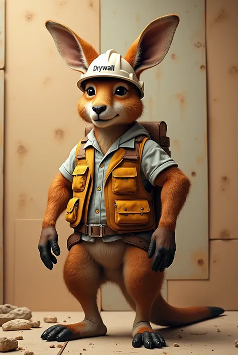 A muscular kangaroo engineer wearing a vest called DRYWALL and wearing a white helmet that says DRYWALL on his head with a DRYWALL background