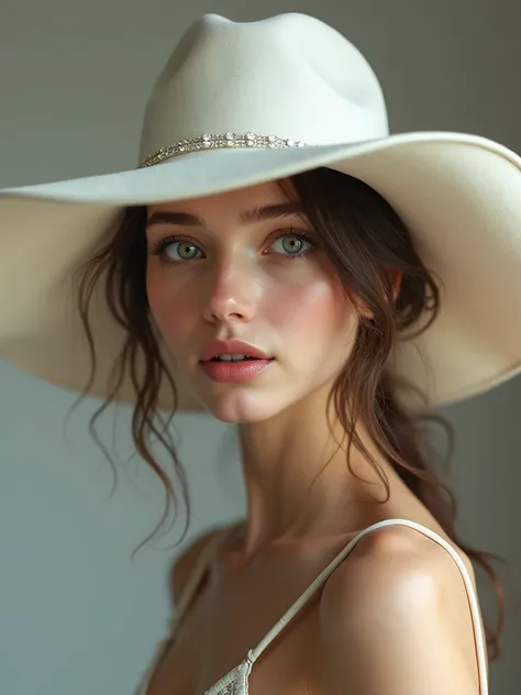 portrait of a young Caucasian woman with fair skin, light-colored eyes, and full lips. She is wearing a large white hat that partially obscures her face, creating an elegant and mysterious look, stockings and high hills, string tanga