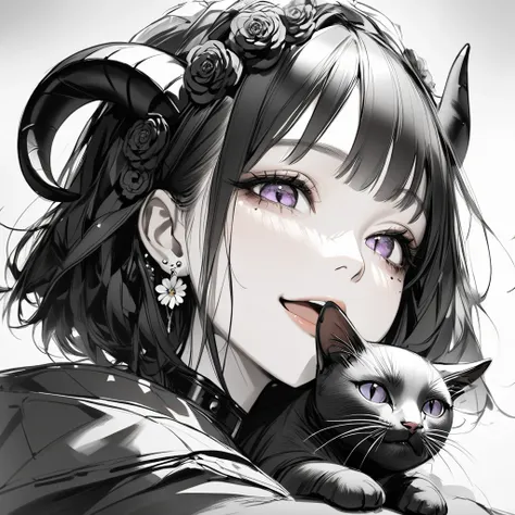 ( top quality, sketch:1.2), realistic , 1 girl,  masterpiece, Noir Dark, art,  holding a cat with a hand on its mouth、 wearing zinnia flower braces and earrings、The sheep has horns、 face close-up 、 laughing