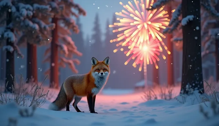 A red fox standing in a snowy forest clearing, with vibrant fireworks painting the night sky. "Happy New Year" glows faintly in the background. Hyper-realistic fur textures and sparkling snow effects, ultra-HD, 8K.

