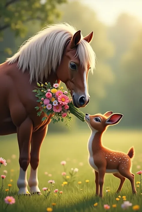 A horse offering a bouquet of flowers to a deer in exchange for friendship