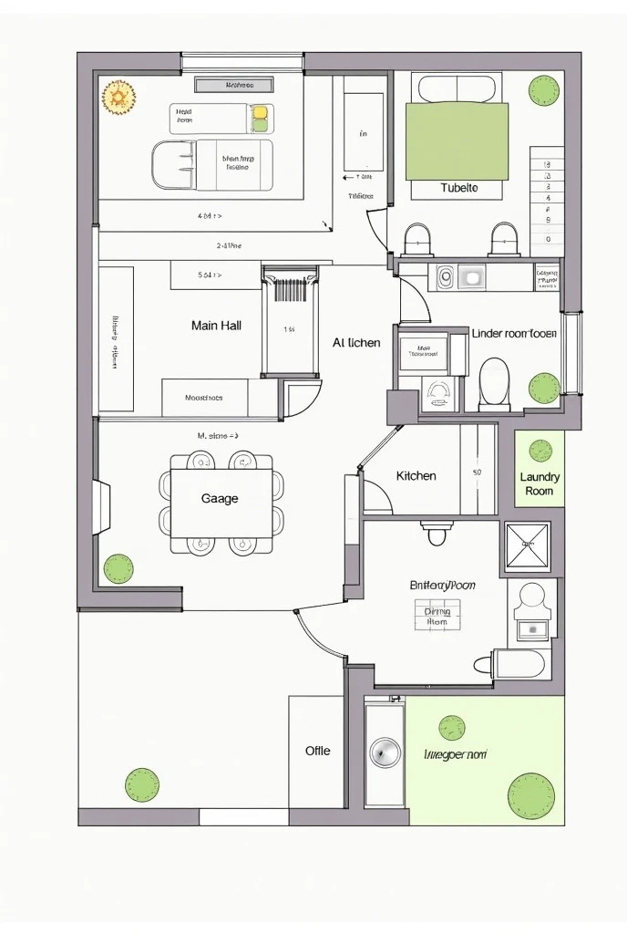 • Front of house: Main hall + Garage.
 • Middle area: Living room + stairs.
 • Rear area: Kitchen, dining room, toilet.
 • Corner area: Maid bedroom, laundry room, storage room.