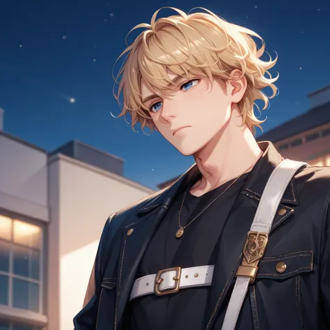 Anime pictures，Blonde curly hair ，Aki Hitomi ， foreign-looking adult male， Close ，Tall ，Perennial black shirt jeans ， A White Belt ，Black coat，Adult male with guitar bag ， always look tired and serious， background night roof ，Dark