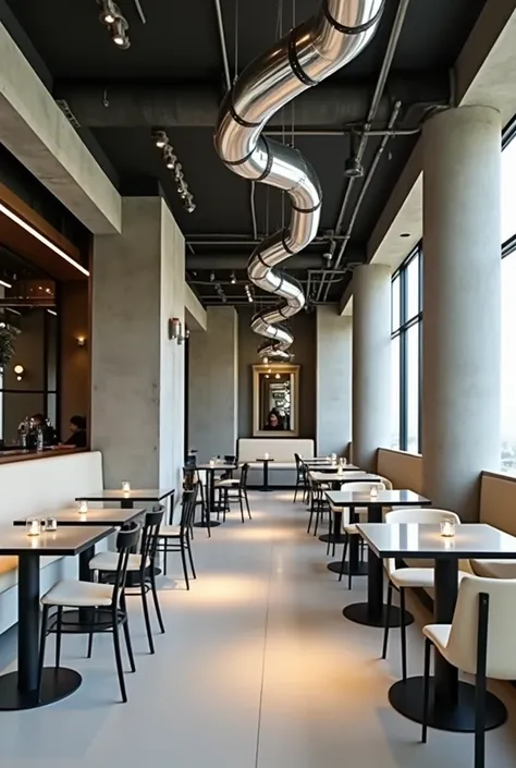 Interior design of a cafe with 3 double tables and three single tables in modern and minimalist style and American British industrial using mirror and glass with curved tables with steel bases and table top made of mirror and chairs Modern and industrial b...