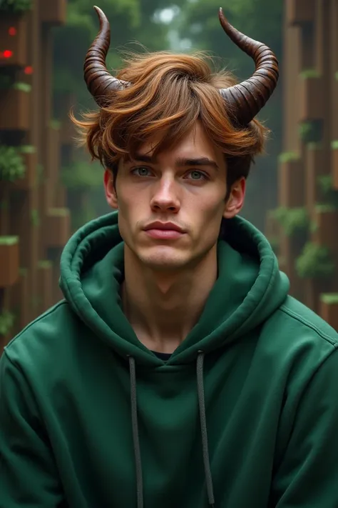 Make me a fanart, male character, brown hair, has horns on his head, wears a green hoodie, Minecraft render background, size 1280×1280