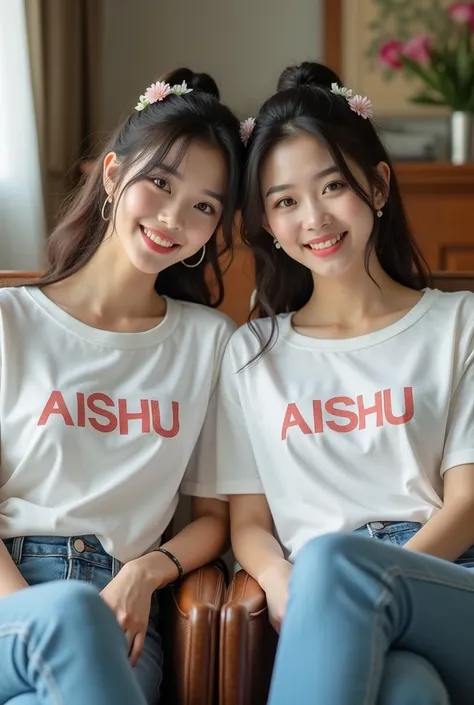 beautiful Korean women with Korean glass skin,wearing T-shirt add big name AISHU on T-shirt,jeans pants,ponytail hairstyle and add flower on hairs,add beautiful smile on face,sitting on chair,beautiful room