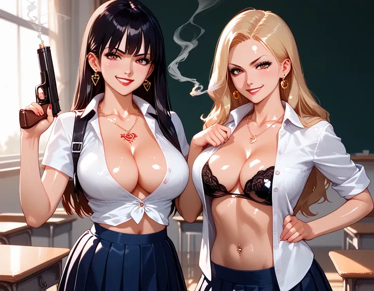 2girls, long hair, medium breasts, smirk, , ear piercing, long hair, blush, lipstick,Hot girl, baddie, smoking, sensual, attractive, large breasts, masterpiece, best quality, ((unbuttoned school uniform, cleavage, necklace, earrings, sexy body,
breasts)) ,...