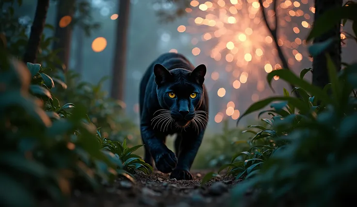 A sleek black panther prowling through a dense jungle under a canopy of fireworks. The words "Happy New Year" glow faintly in the shadows of the foliage. Rich textures, cinematic lighting, ultra-HD, 8K.

