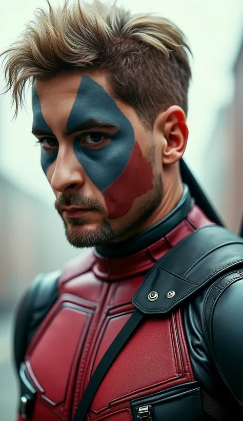  Generate an image of this man in the Deadpool suit but without the helmet,  balaclavas or whatever , Look at his hair and face ,  DONT generate an ugly image and  , I need the image to be realistic .