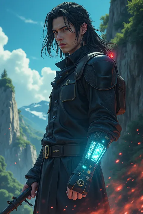 a mysterious long-haired man with a glowing electronic bracelet, traveling through different places and times, detailed portrait, cinematic, dramatic lighting, hyper realistic, 8k, high quality, masterpiece, anime style, final fantasy style, art