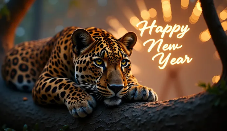 A leopard resting on a tree branch, its eyes reflecting the glow of golden fireworks in the night sky. "Happy New Year" is softly written in elegant text in the background. Cinematic ultra-HD realism, 8K.

