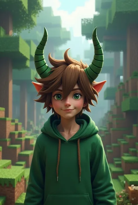 Make me a fanart, male character, brown hair, has green horns on his head, wears a green hoodie, Minecraft render background, size 1280×1280