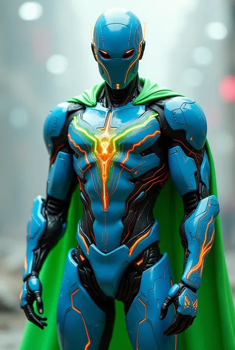  Gender Male, blue synthetic robot, Superhero suit with red and green fire, water pattern lines on the body, green cape, body medium build