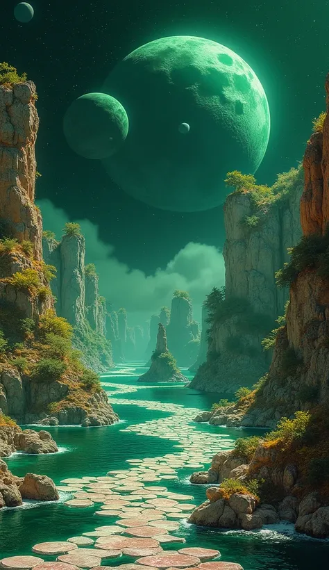 A place of cosmic horror, a landscape of white basalts or crystal hexagons in green and pink colors, the oceans are pitch black and have an omnious feel like something is lurknig below, the land and trees are colofrull but look oily or shiny in a yellow/or...