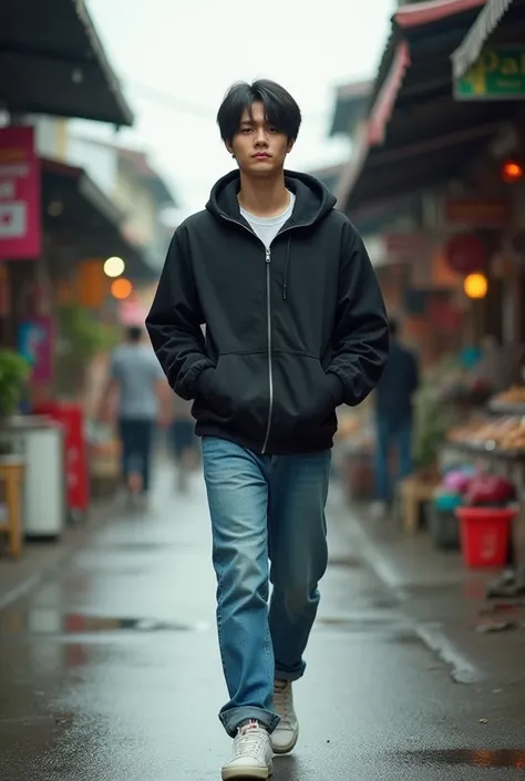 Japanese male, 20 years old, two-block straight hair, black sports jacket, blue jeans, white sports shoes,Both hands in the jacket pockets,Walk,Background of a typical Indonesian shopping street,Very realistic, finest details, very natural, cinematic, clou...